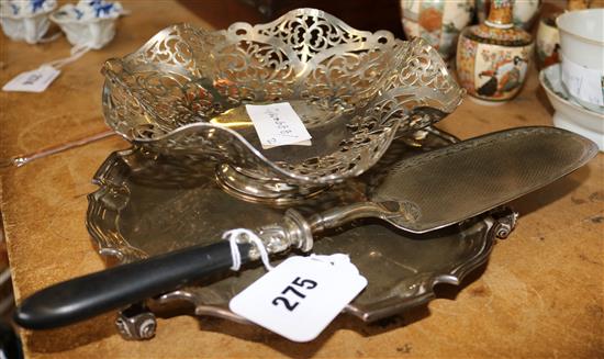 Silver salver, pierced dish & scoop